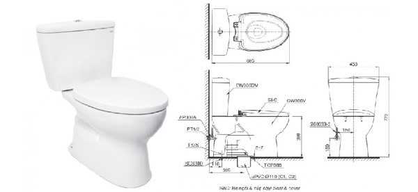 Kích thước bồn cầu 2 khối loại nhỏ