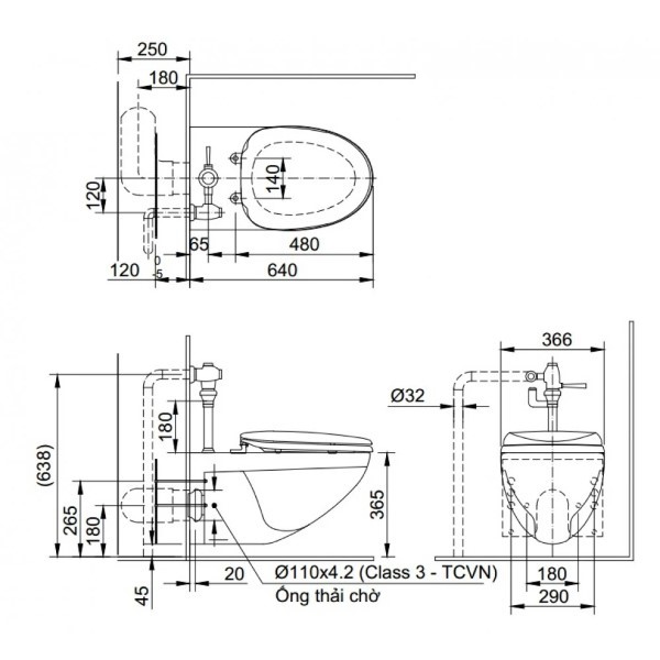 Kích thước bồn cầu loại nhỏ treo tường